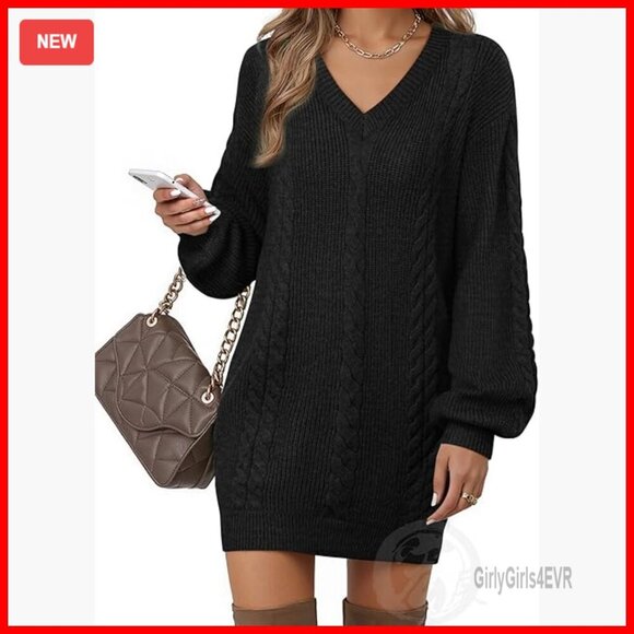 Dresses & Skirts - V-Neck Lantern Sleeve Mini Sweater Dress Pullover Knit Fall Winter Casual